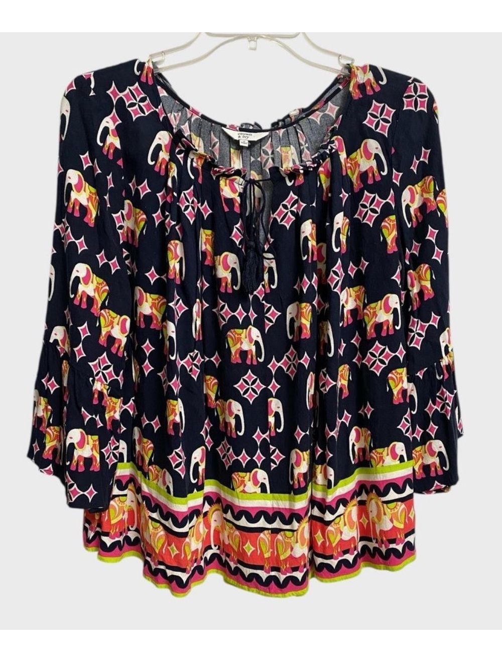 Crown & Ivy Elephant Print Boho Top Women's S Navy Bell Sleeves Festival Beach
